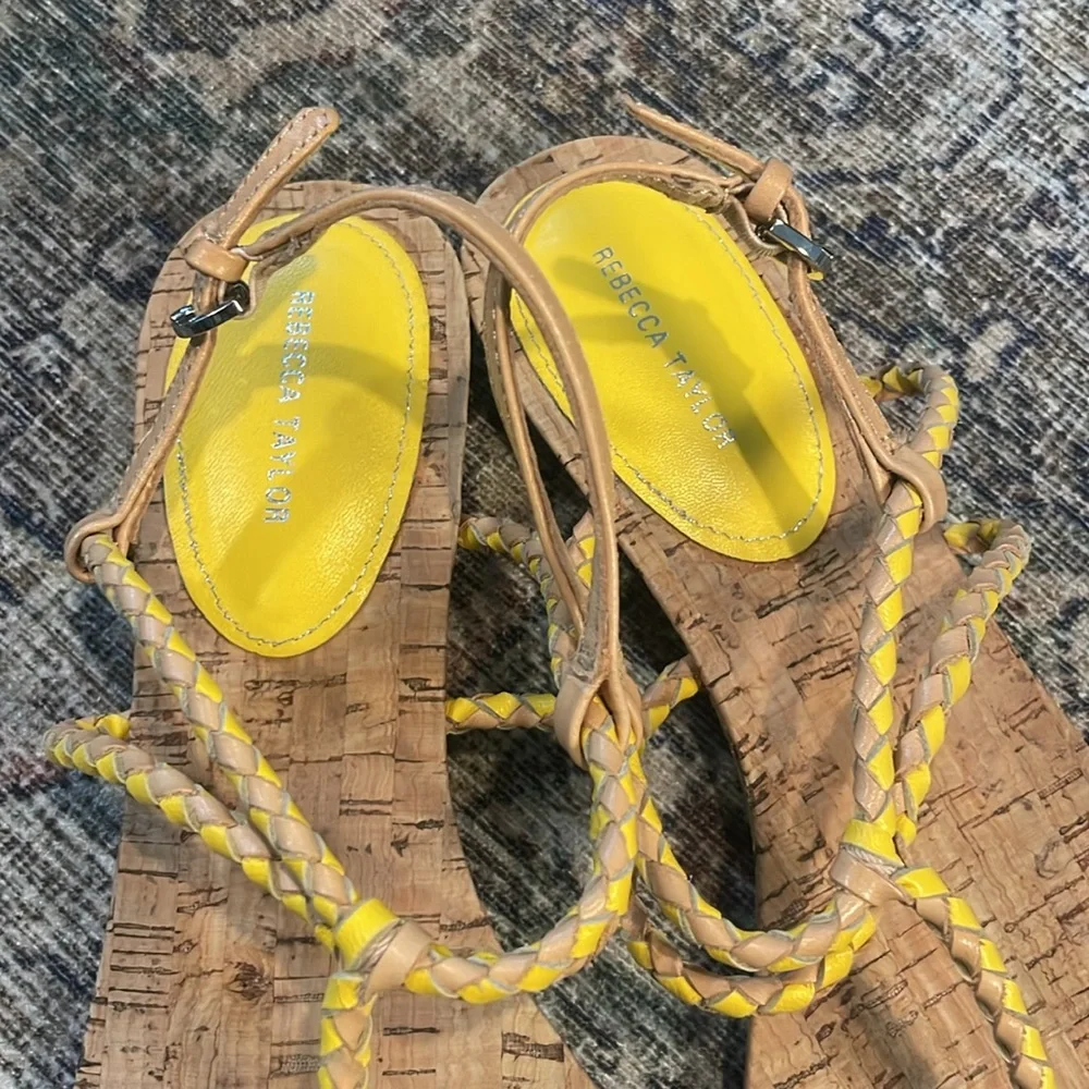 Rebecca Taylor Yellow Braided Leather Floral Cork Sandals Women's Size 6.5/7